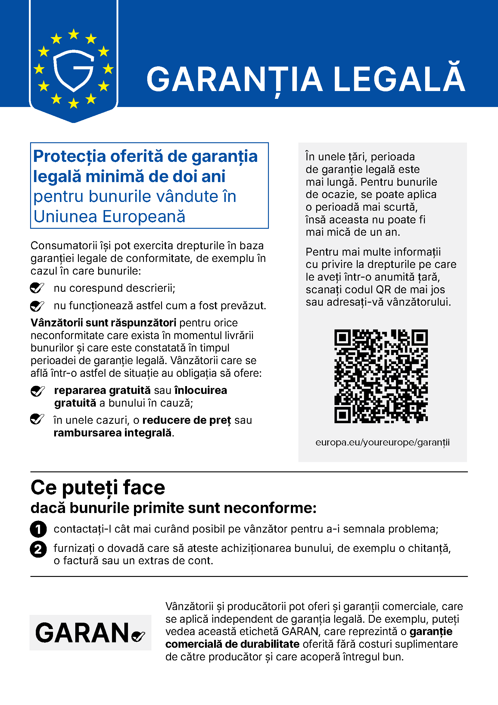 Notificarea armonizată a Comisiei Europene: Garanția legală - protecția oferită de garanția legală minimă de doi ani pentru bunurile vândute în Uniunea Europeană